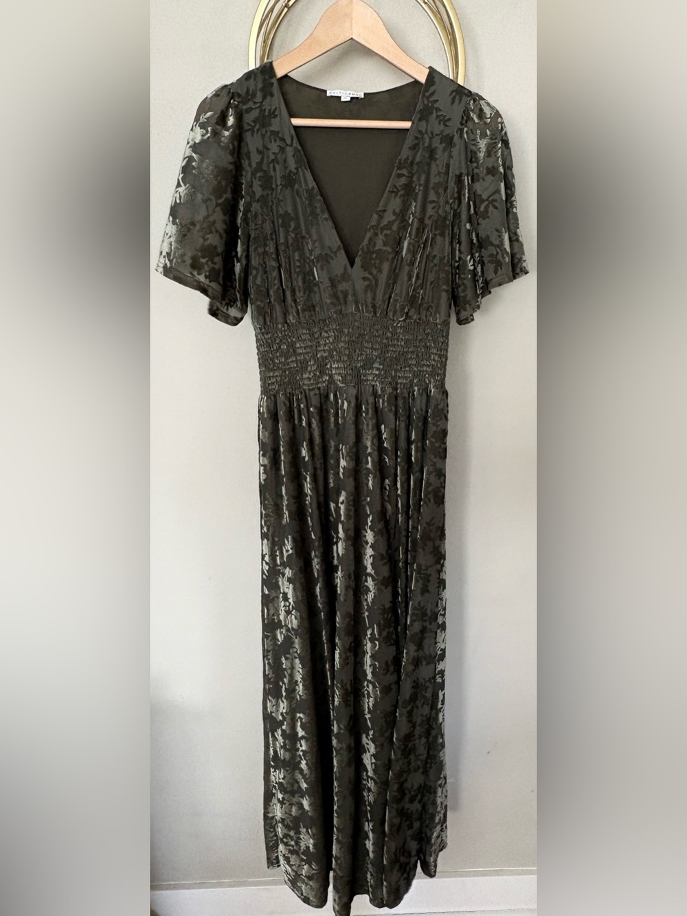 Baltic Born Velvet Olive Green Maxi Dress with Smocked Waist